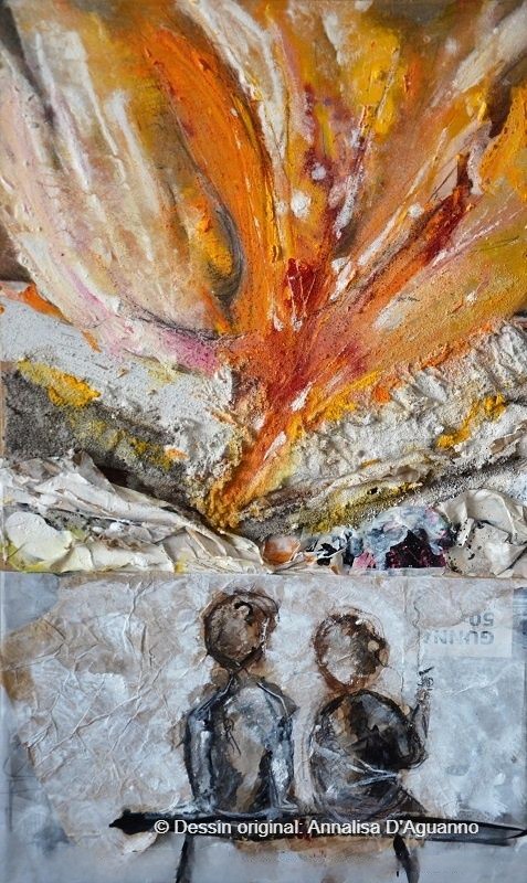 tableau original de la première de couverture où deux femmes assises sur un banc admire le paysage